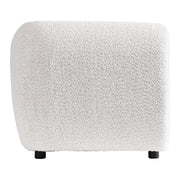 Front facing side view of a contemporary off-white metallic boucle shelter sofa on a white background