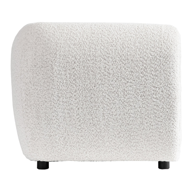 Front facing side view of a contemporary off-white metallic boucle shelter sofa on a white background