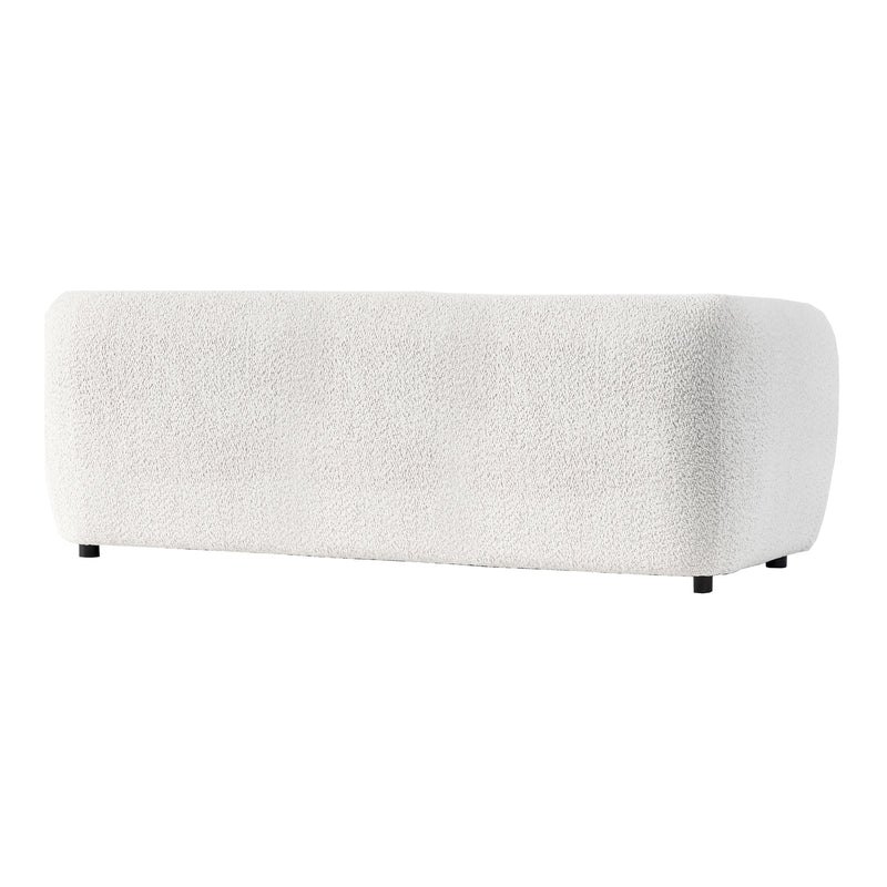 Right facing back view of a contemporary off-white metallic boucle shelter sofa on a white background
