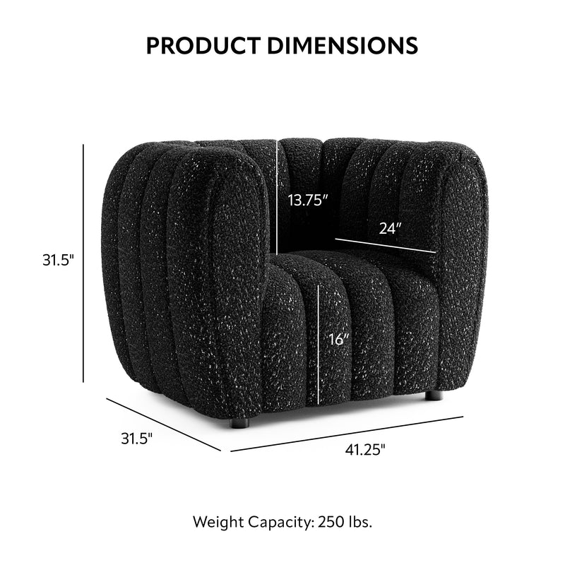 Informational image with the dimensions of a contemporary black and metallic boucle tufted shelter armchair on a white background