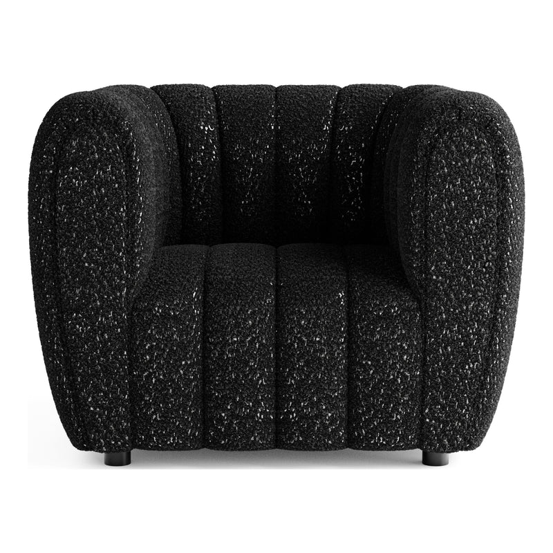 Front facing contemporary black and metallic boucle tufted shelter armchair on a white background