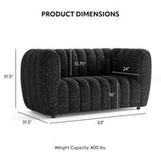 Informational image with the dimensions of a contemporary black and metallic boucle tufted shelter loveseat on a white background