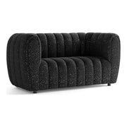 Right facing contemporary black and metallic boucle tufted shelter loveseat on a white background