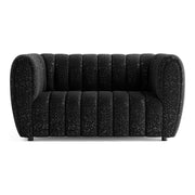 Front facing contemporary black and metallic boucle tufted shelter loveseat on a white background