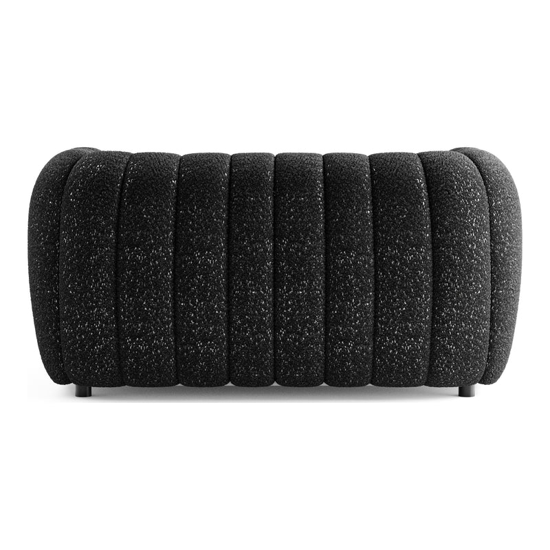 Front facing back view of a contemporary black and metallic boucle tufted shelter loveseat on a white background