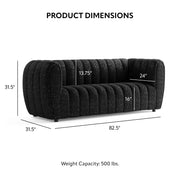 Informational image with the dimensions of a contemporary black and metallic boucle tufted shelter sofa on a white background