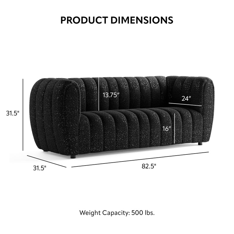 Informational image with the dimensions of a contemporary black and metallic boucle tufted shelter sofa on a white background