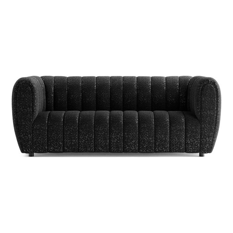 Front facing contemporary black and metallic boucle tufted shelter sofa on a white background