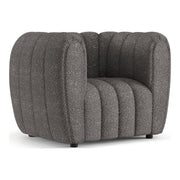 Left facing contemporary charcoal gray and metallic boucle tufted shelter armchair on a white background