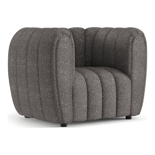 Left facing contemporary charcoal gray and metallic boucle tufted shelter armchair on a white background