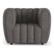 Front facing contemporary charcoal gray and metallic boucle tufted shelter armchair on a white background