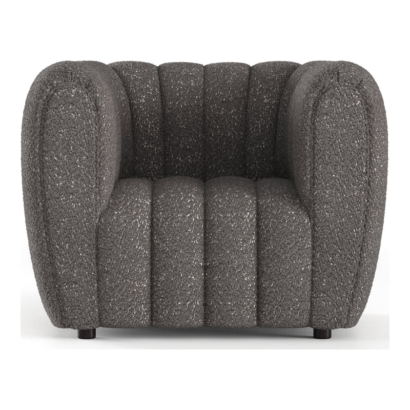 Front facing contemporary charcoal gray and metallic boucle tufted shelter armchair on a white background