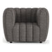 Front facing contemporary charcoal gray and metallic boucle tufted shelter armchair on a white background