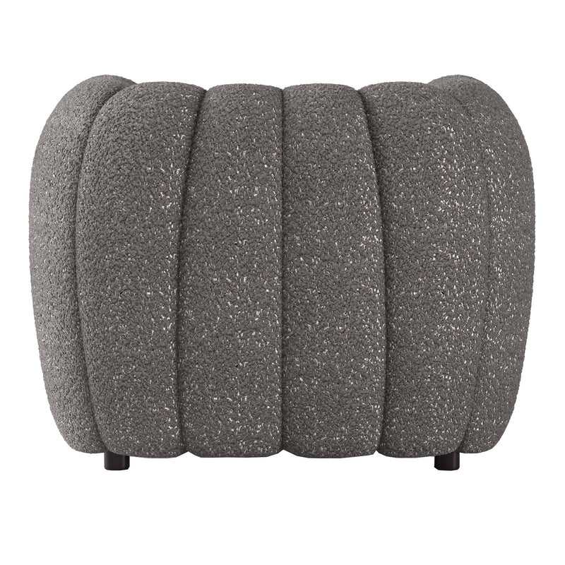 Front facing back view of a contemporary charcoal gray and metallic boucle tufted shelter armchair on a white background
