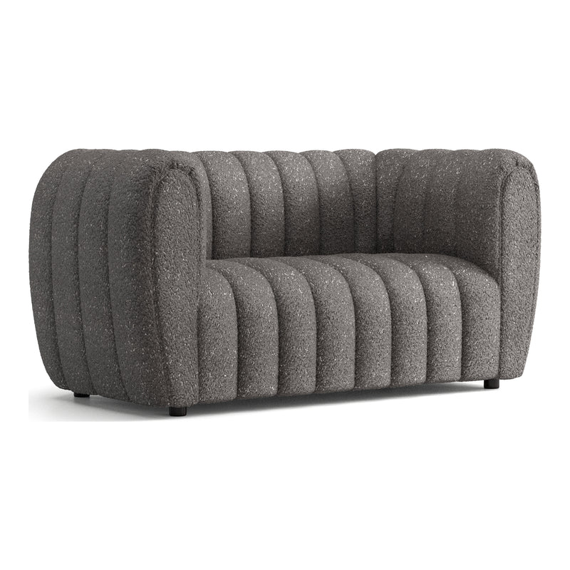 Right facing contemporary charcoal gray and metallic boucle tufted shelter loveseat on a white background