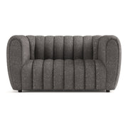 Front facing contemporary charcoal gray and metallic boucle tufted shelter loveseat on a white background