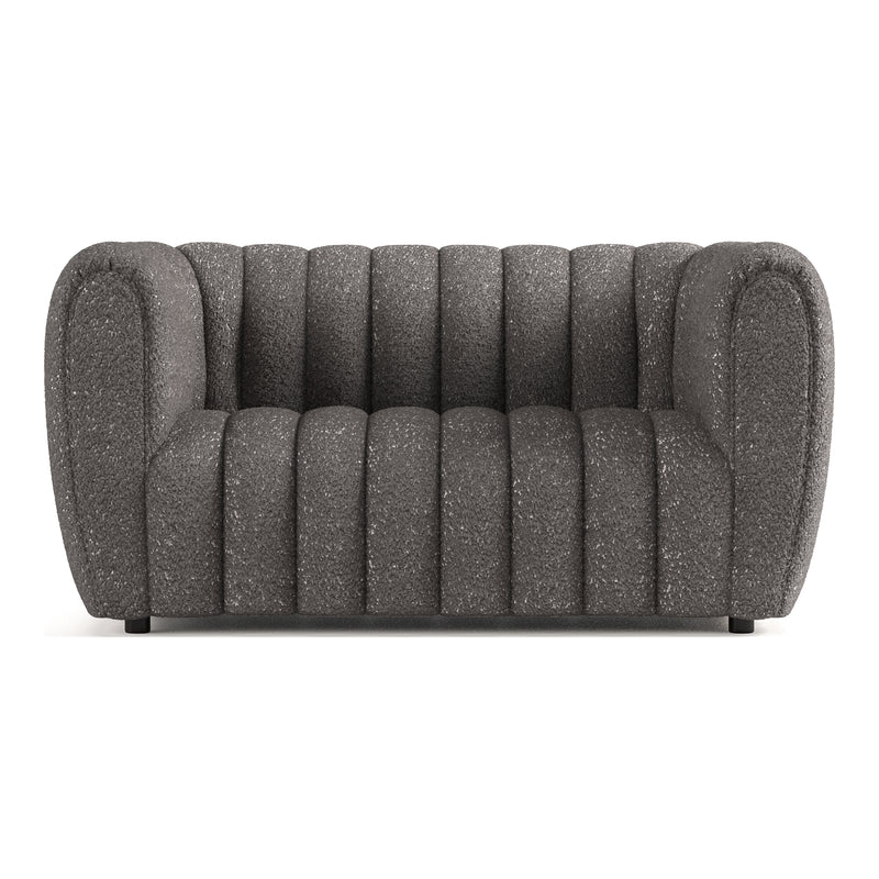 Front facing contemporary charcoal gray and metallic boucle tufted shelter loveseat on a white background