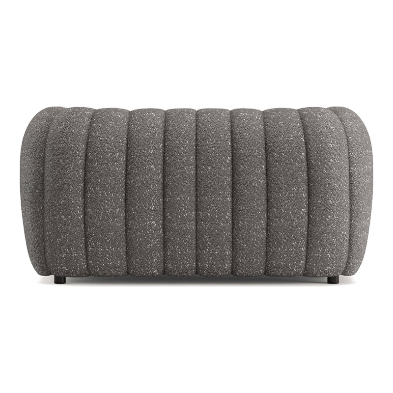 Front facing back view of a contemporary charcoal gray and metallic boucle tufted shelter loveseat on a white background