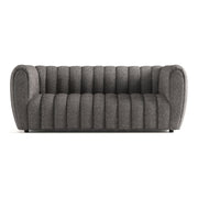 Front facing contemporary charcoal gray and metallic boucle tufted shelter sofa on a white background