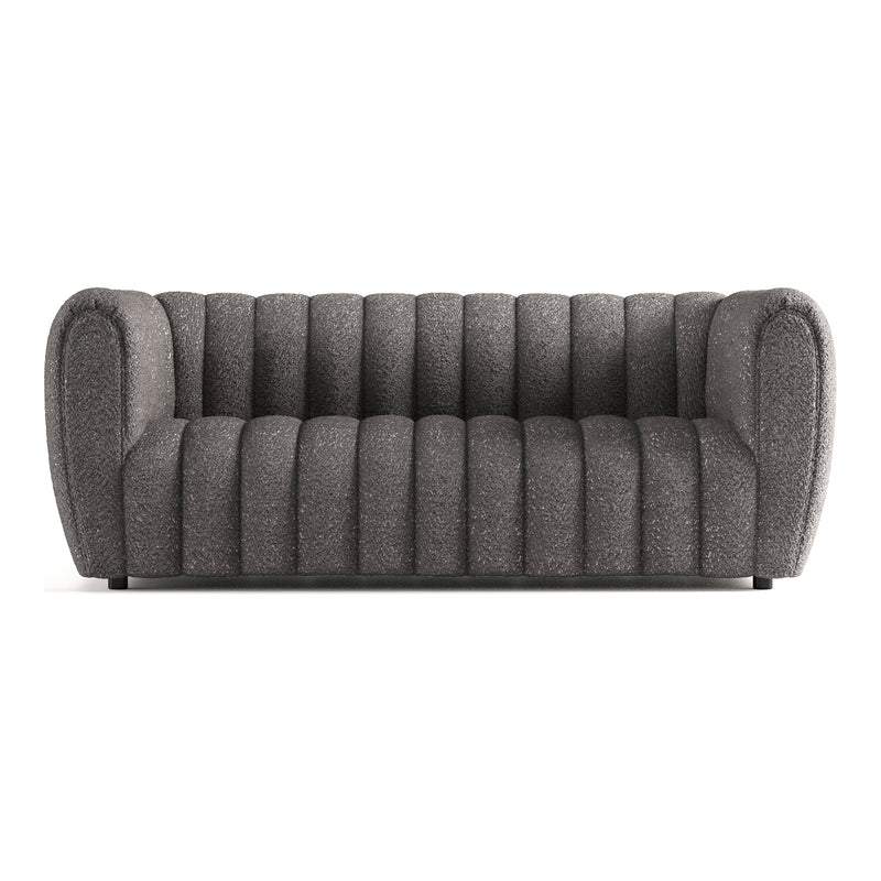 Front facing contemporary charcoal gray and metallic boucle tufted shelter sofa on a white background