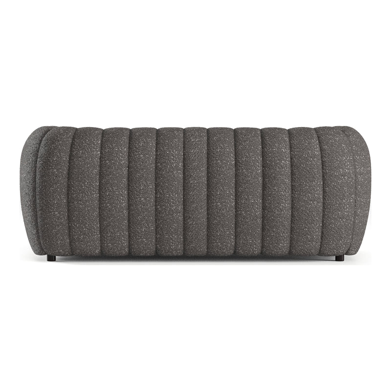 Front facing back view of a contemporary charcoal gray and metallic boucle tufted shelter sofa on a white background