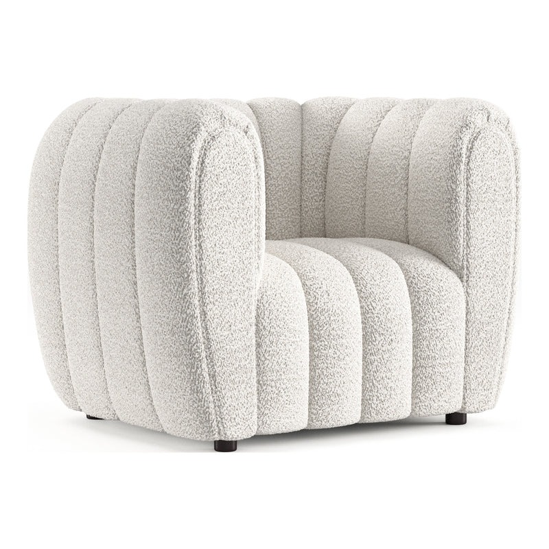 Right facing contemporary off-white metallic boucle tufted shelter armchair on a white background