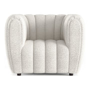 Front facing contemporary off-white metallic boucle tufted shelter armchair on a white background