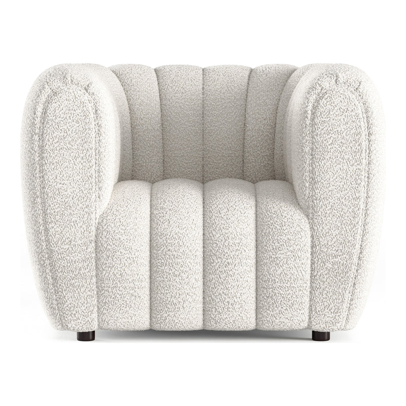 Front facing contemporary off-white metallic boucle tufted shelter armchair on a white background