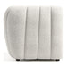 Front facing side view of a contemporary off-white metallic boucle tufted shelter armchair on a white background