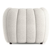 Front facing back view of a contemporary off-white metallic boucle tufted shelter armchair on a white background