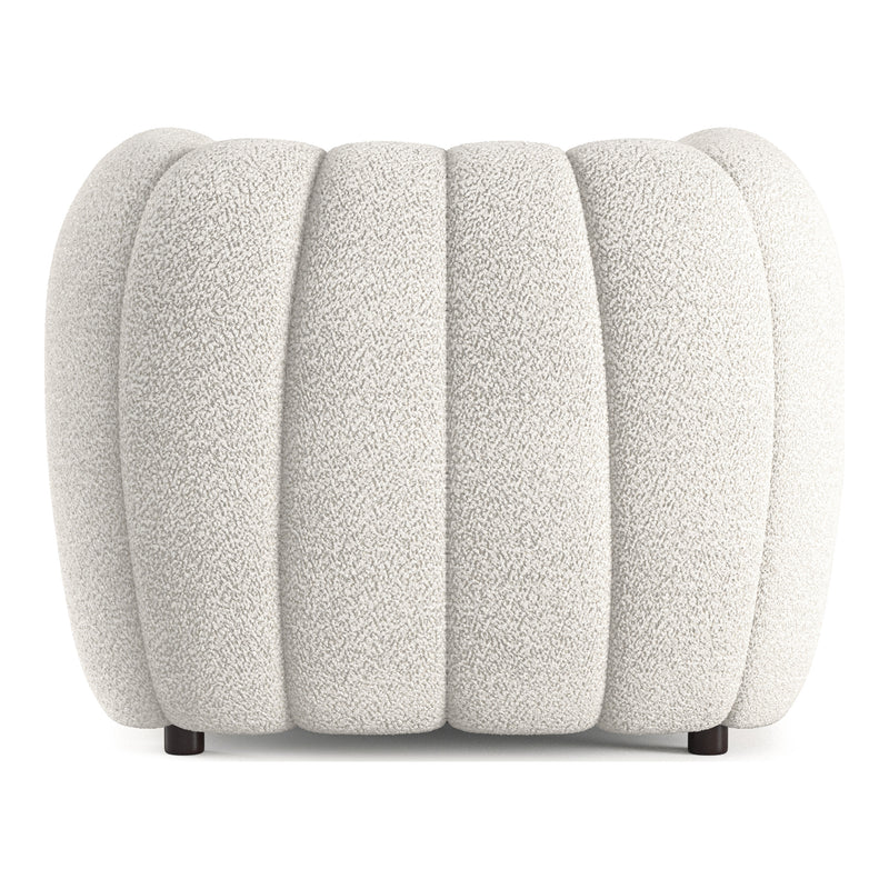 Front facing back view of a contemporary off-white metallic boucle tufted shelter armchair on a white background