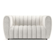 Front facing contemporary off-white metallic boucle tufted shelter loveseat on a white background