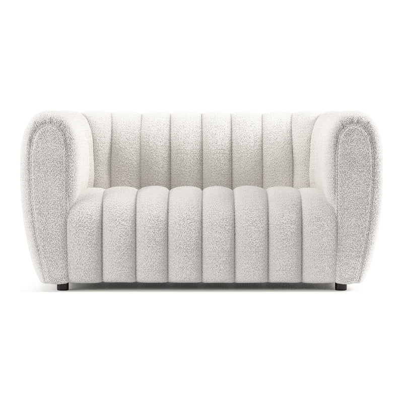 Front facing contemporary off-white metallic boucle tufted shelter loveseat on a white background