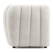Front facing side view of a contemporary off-white metallic boucle tufted shelter loveseat on a white background