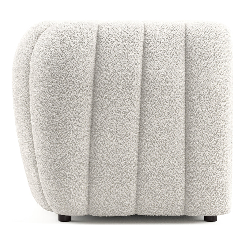Front facing side view of a contemporary off-white metallic boucle tufted shelter loveseat on a white background