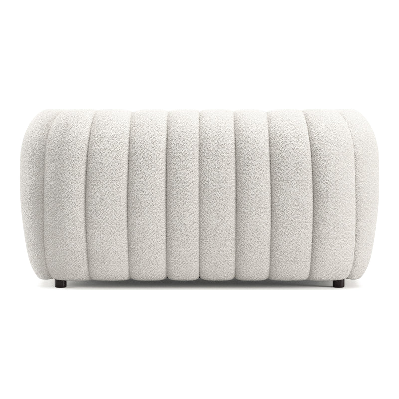 Front facing back view of a contemporary off-white metallic boucle tufted shelter loveseat on a white background