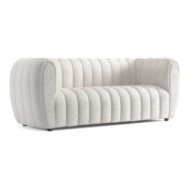 Right facing contemporary off-white metallic boucle tufted shelter sofa on a white background