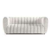 Front facing contemporary off-white metallic boucle tufted shelter sofa on a white background