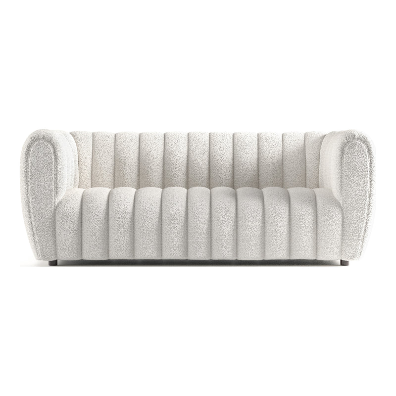 Front facing contemporary off-white metallic boucle tufted shelter sofa on a white background