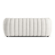 Front facing back view of a contemporary off-white metallic boucle tufted shelter sofa on a white background