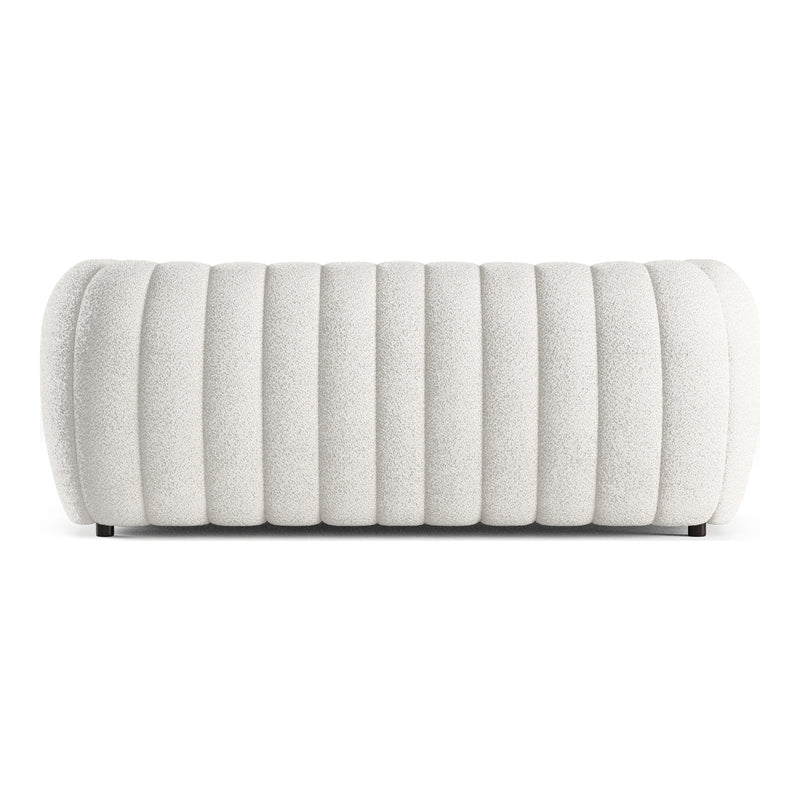 Front facing back view of a contemporary off-white metallic boucle tufted shelter sofa on a white background