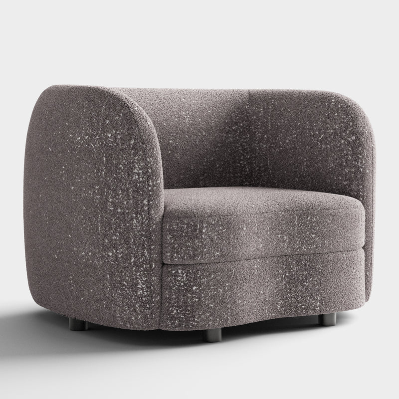 Right facing contemporary charcoal gray and metallic boucle curved kidney armchair on a white background