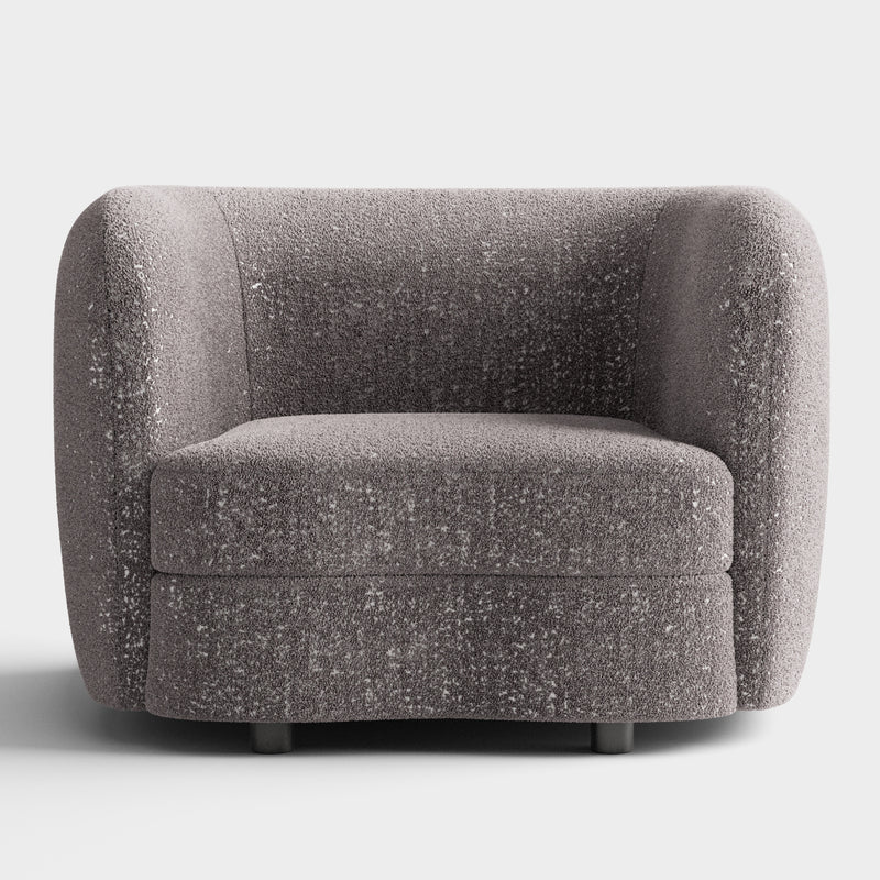 Front facing contemporary charcoal gray and metallic boucle curved kidney armchair on a white background