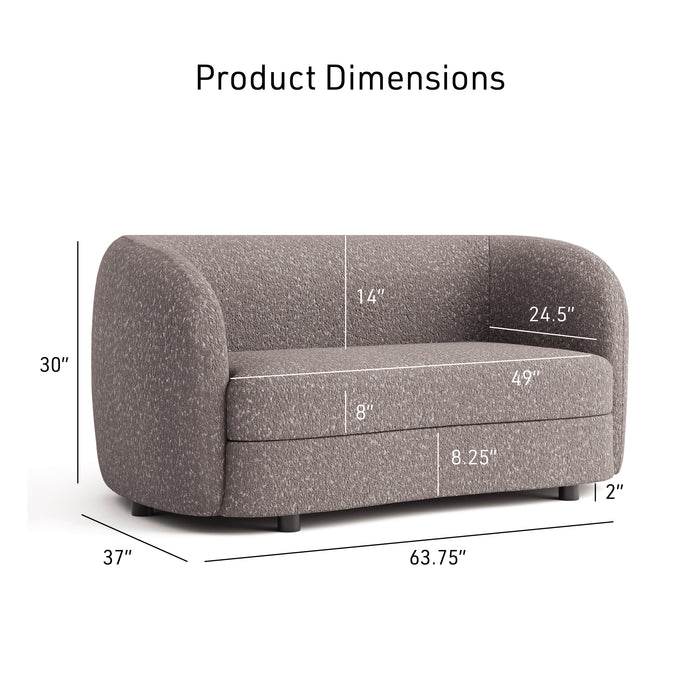Informational image of the dimensions of a contemporary charcoal gray and metallic boucle curved kidney loveseat