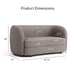 Informational image of the dimensions of a contemporary charcoal gray and metallic boucle curved kidney loveseat