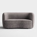 Front facing contemporary charcoal gray and metallic boucle curved kidney loveseat on a white background