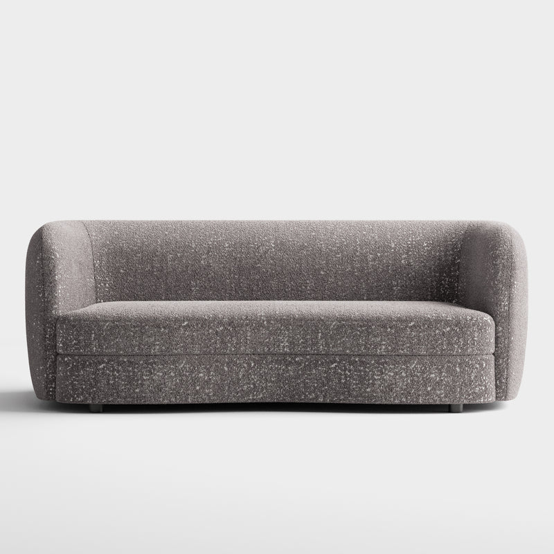 Front facing contemporary charcoal gray and metallic boucle curved kidney sofa on a white background
