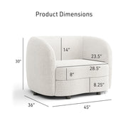 Informational image of the dimensions of a contemporary off-white metallic boucle curved kidney armchair