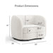 Informational image of the dimensions of a contemporary off-white metallic boucle curved kidney armchair