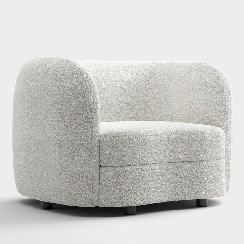 Right facing contemporary off-white metallic boucle curved kidney armchair on a white background